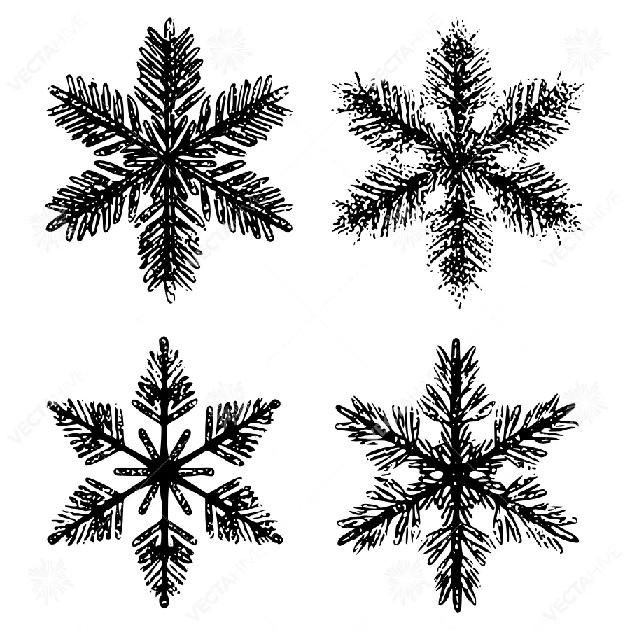 Hand Drawn Snowflake Set - Black & White Sketch
