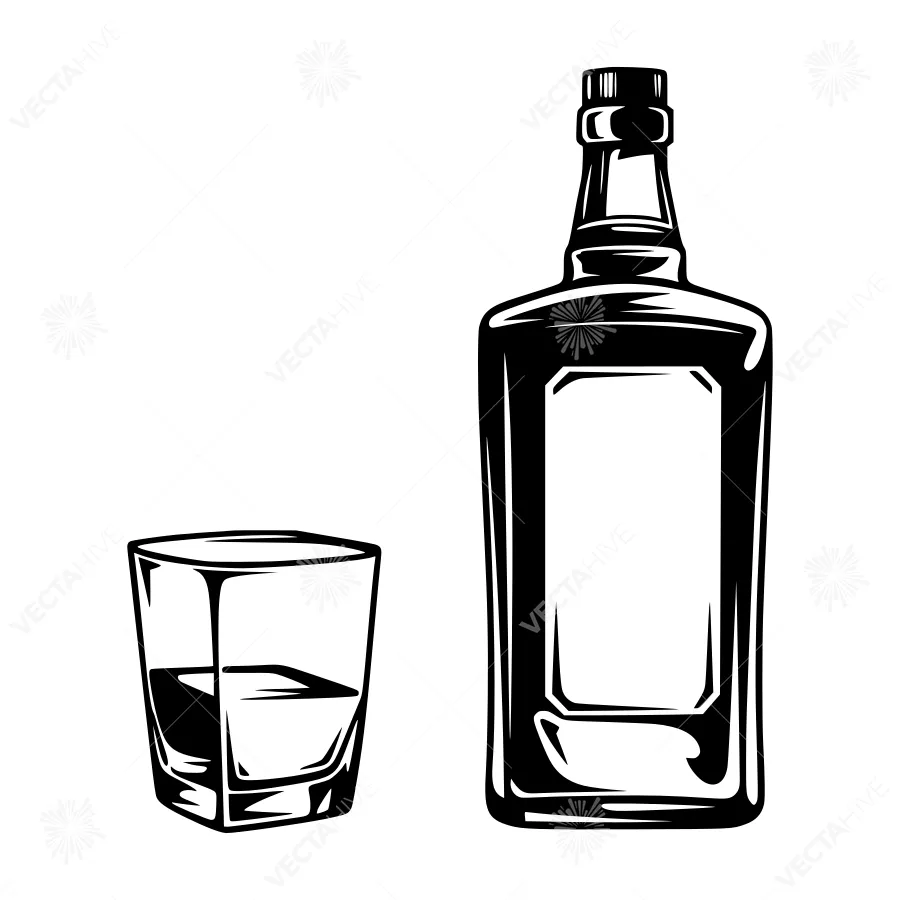 Black & White Whiskey Bottle and Glass Illustration