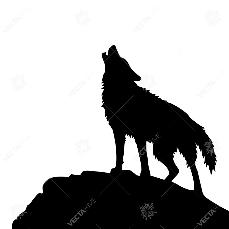 Silhouette Wolf Howling at Moon - Black Outline