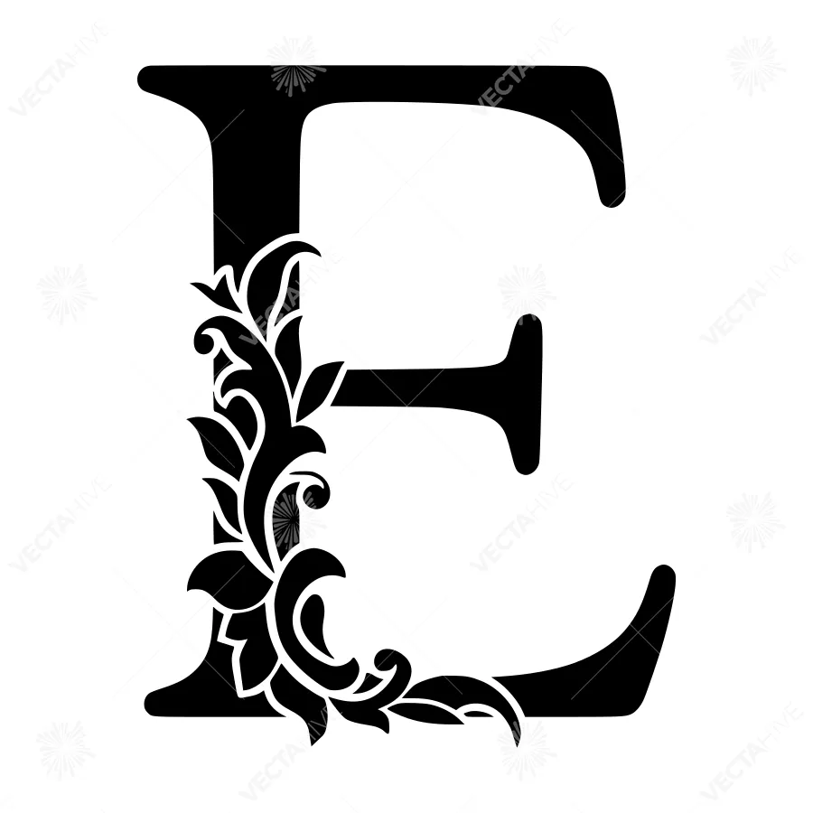 Elegant Black Letter E with Floral Vines