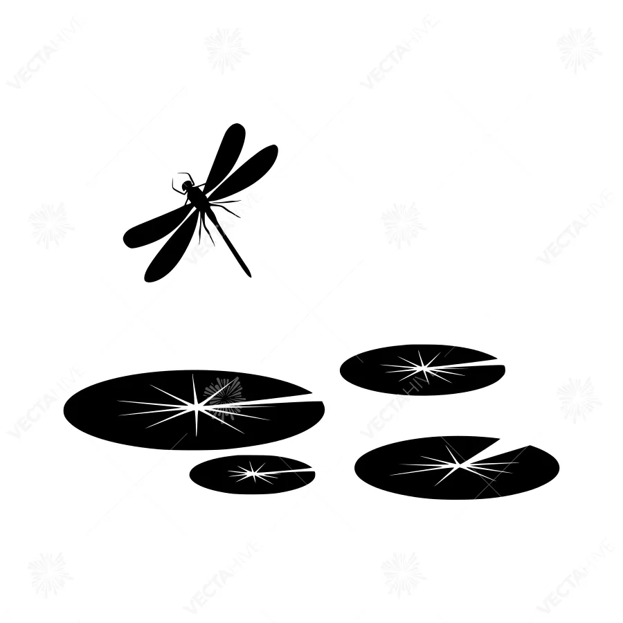 Black Dragonfly on Lily Pads - Vector Illustration