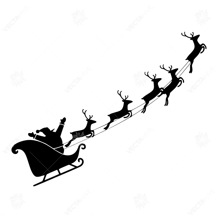 Santa Claus Sleigh with Reindeer - Black Silhouette