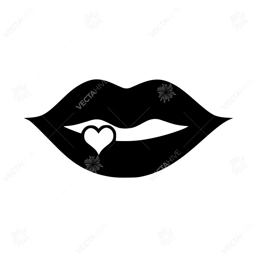 Black Lips with Heart Icon - Vector Illustration
