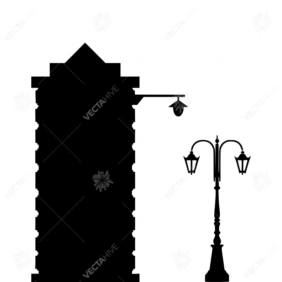 Black Silhouette Cityscape - Tower & Lamp Post
