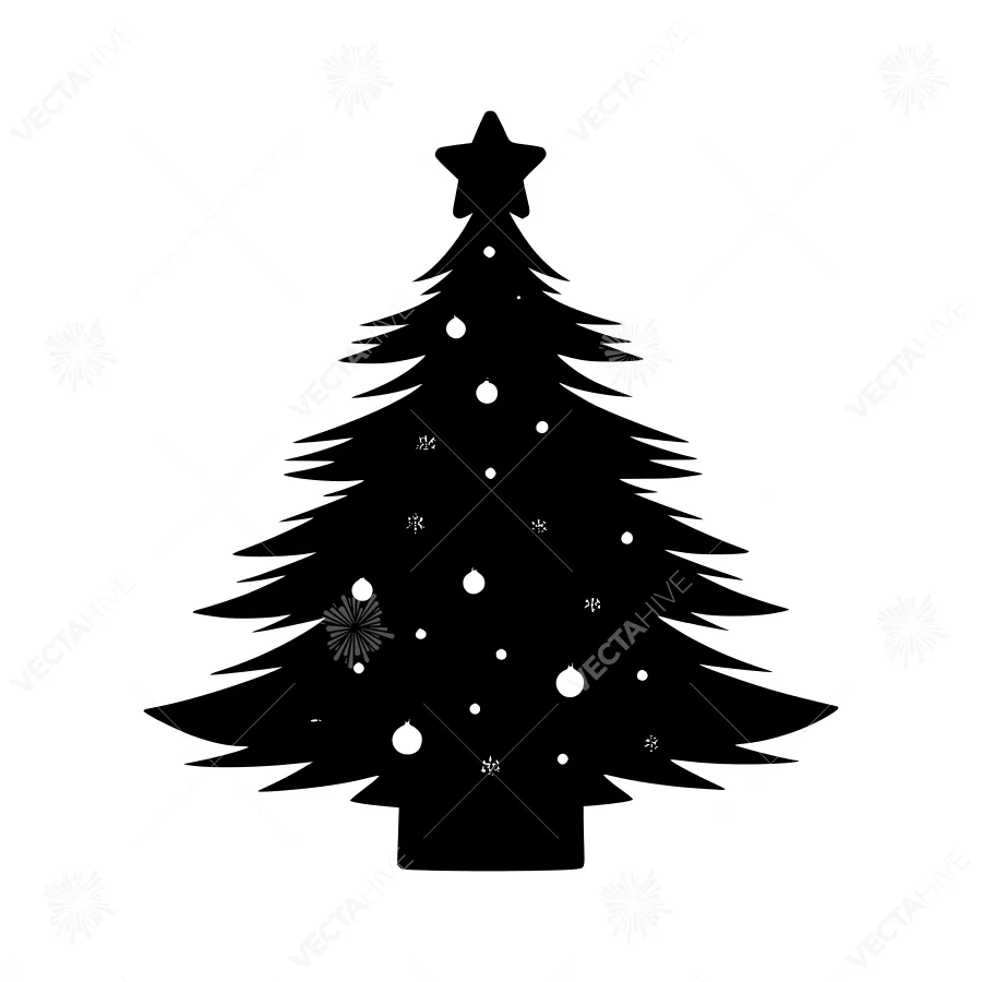 Black Christmas Tree Silhouette with Snowflakes
