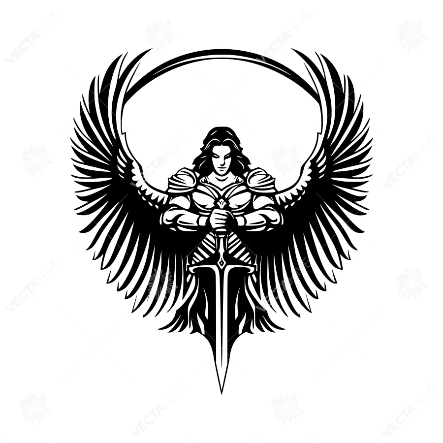 Angel Warrior Illustration - Black & White Emblem