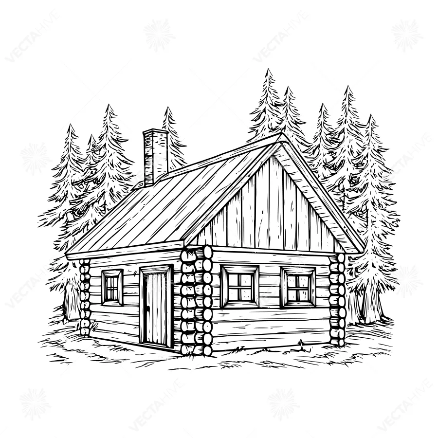 Rustic Log Cabin Illustration - Sketch Style