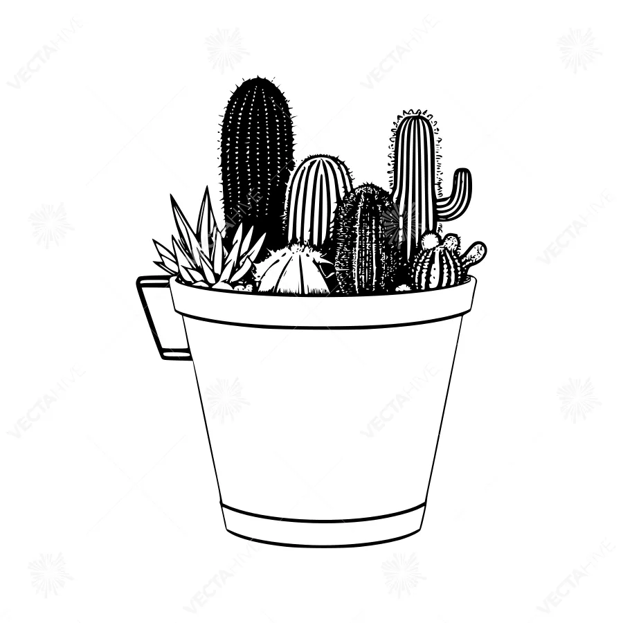 Black Line Cactus Pot Illustration