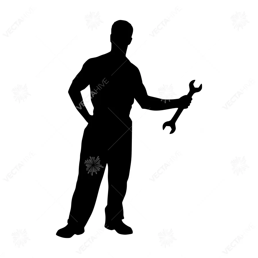Silhouette Mechanic with Wrench - Black Outline