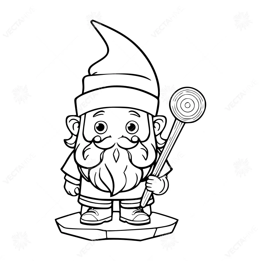 Cartoon Gnome with Lollipop - Black & White Illustration