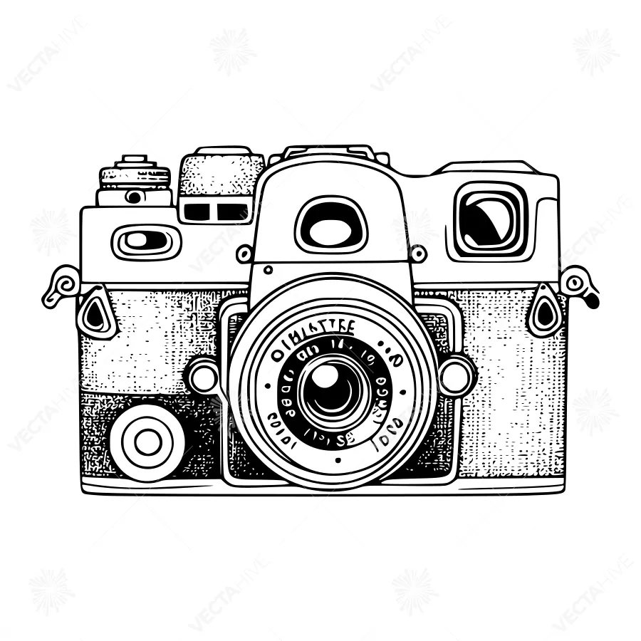 Vintage Camera Illustration - Black & White Line Art