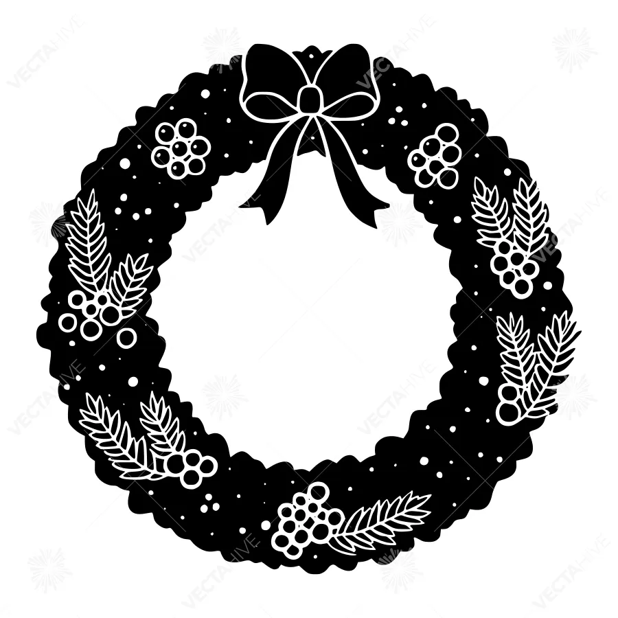 Black & White Christmas Wreath Illustration