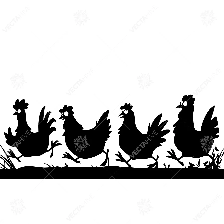 Black Silhouette Chickens Running - Cartoon Illustration