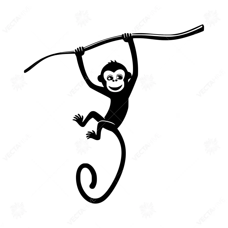 Cute Monkey Swinging on Branch - Vector Illustration