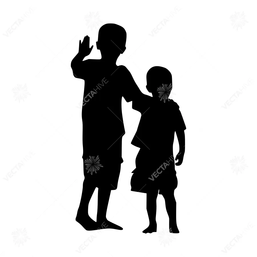 Silhouette Children Playing - Black & White Vector