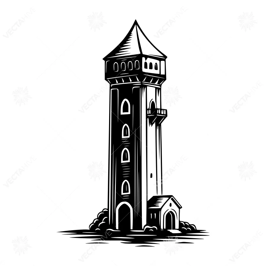 Vintage Tower Illustration - Black & White Line Art
