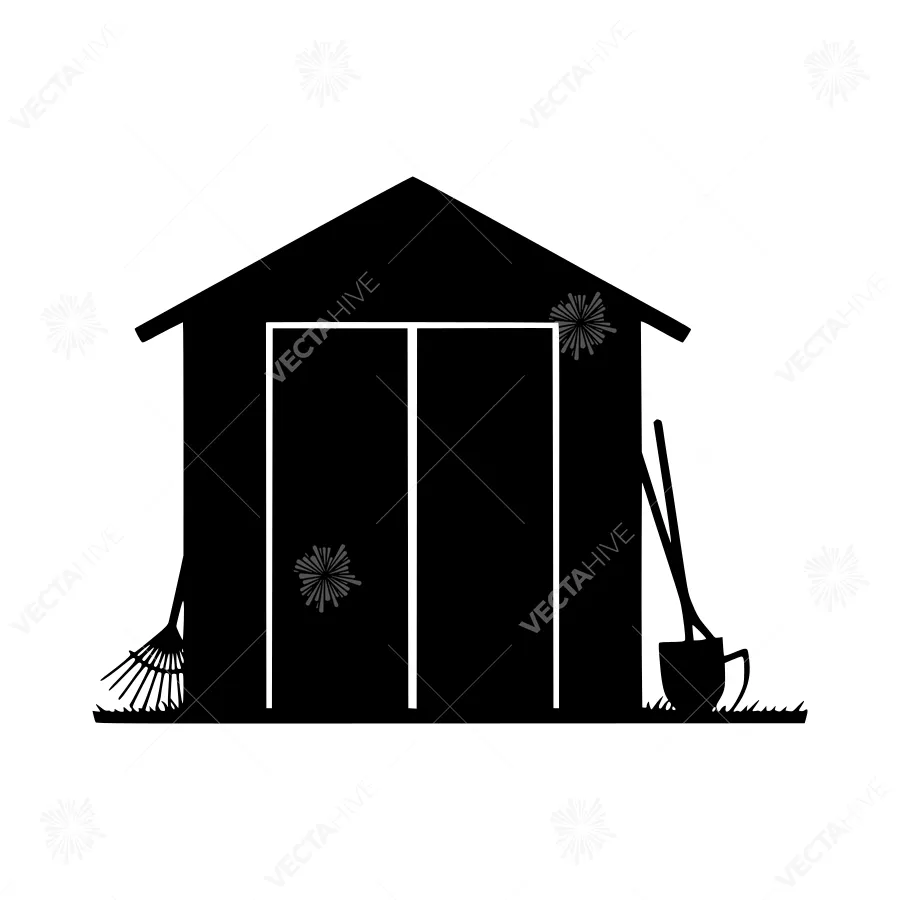 Black & White Shed Silhouette with Gardening Tools