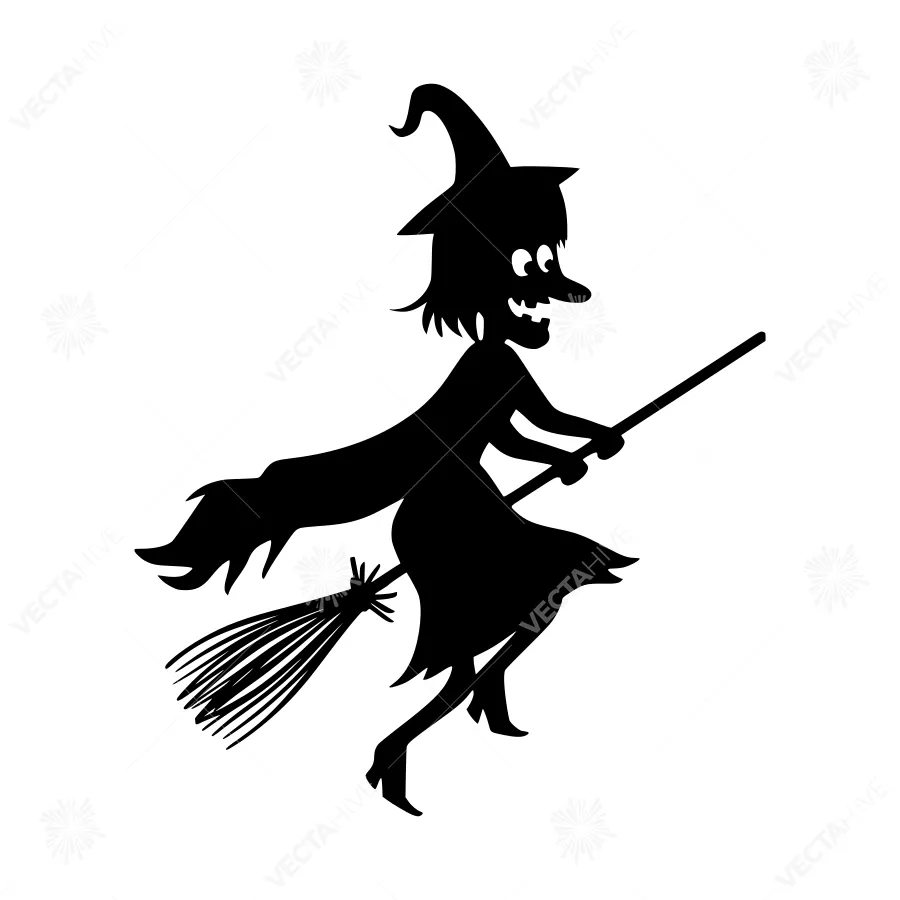 Silhouette Witch Flying on Broomstick - Halloween Vector