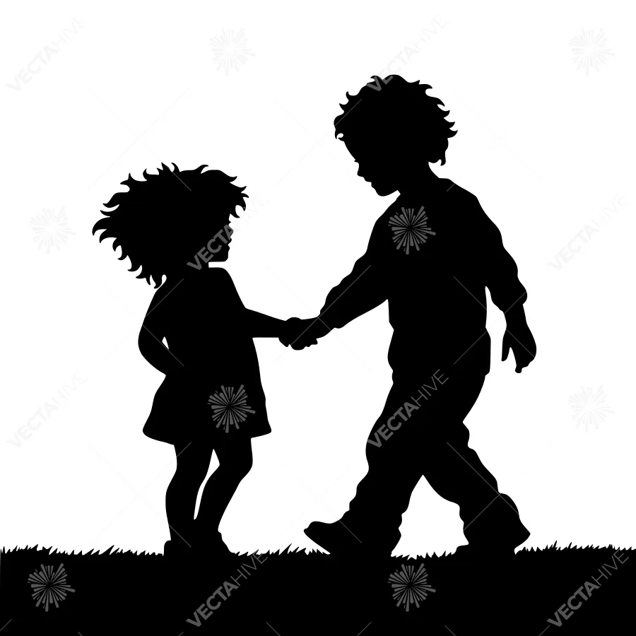 Silhouette Children Walking Hand in Hand