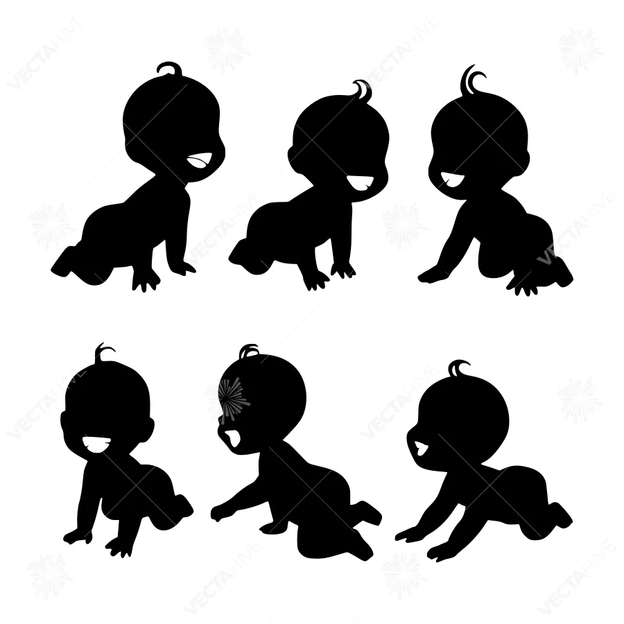 Baby Crawling Silhouettes - Black & White Vector