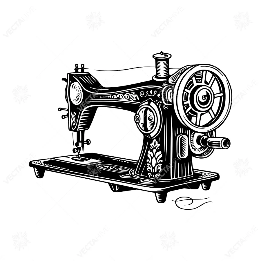 Vintage Sewing Machine Illustration - Black & White