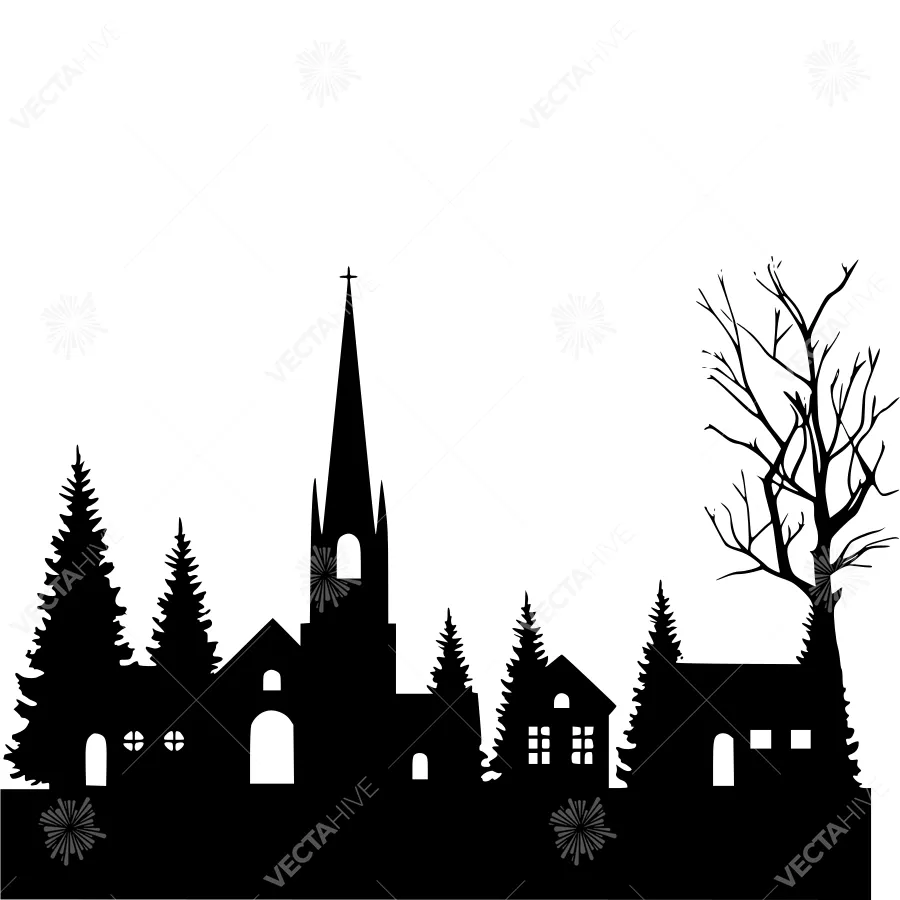 Black Silhouette Village Landscape