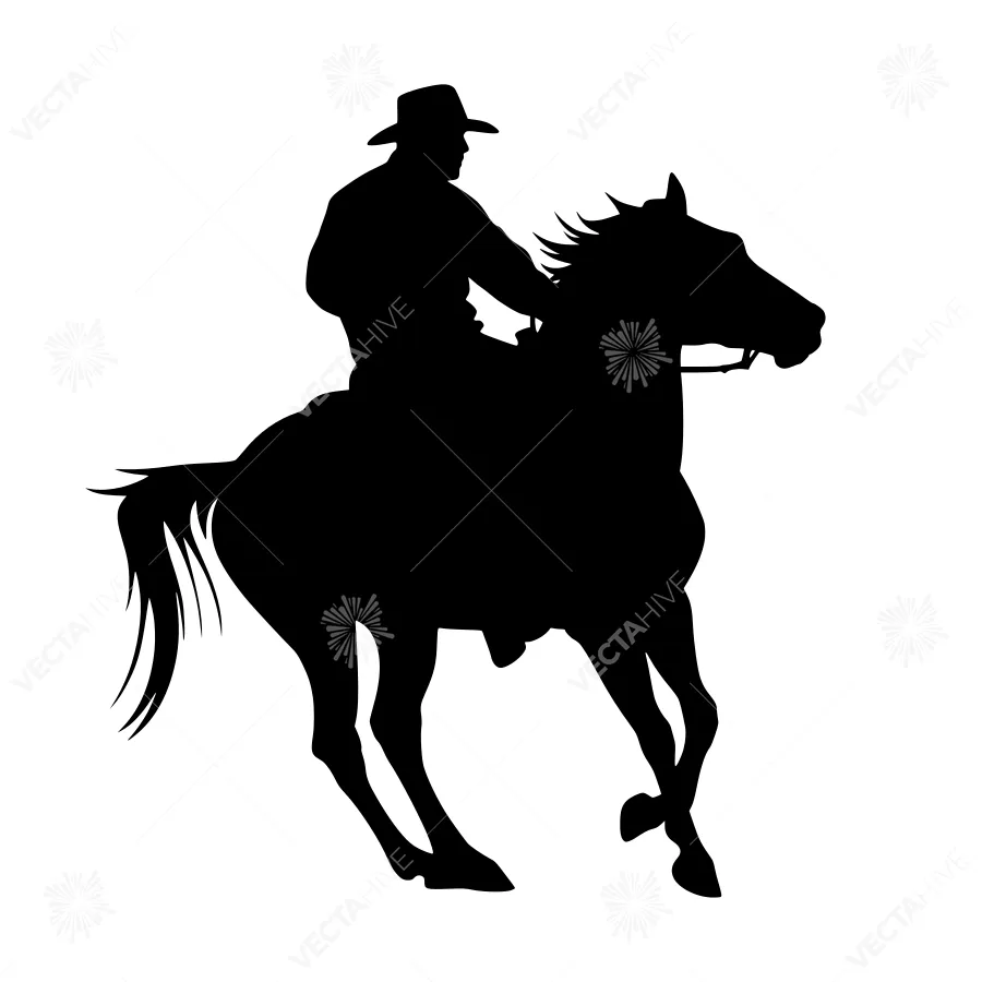 Silhouette Cowboy Riding Horse - Black Outline