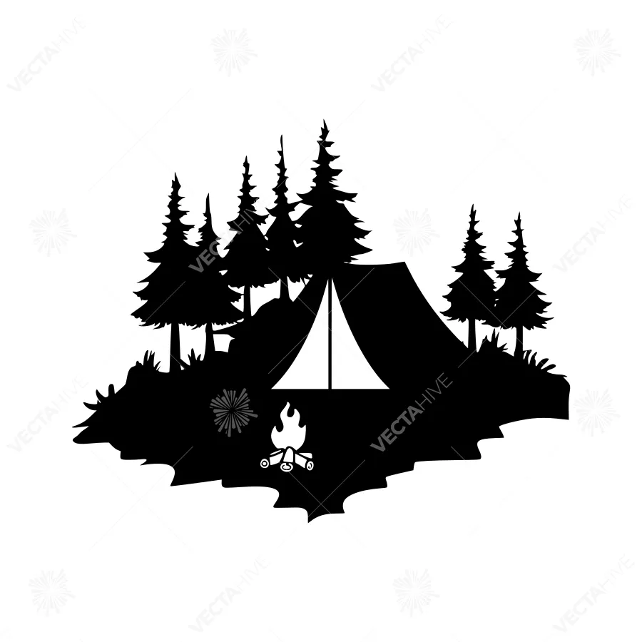 Camping Tent Silhouette in Forest Landscape