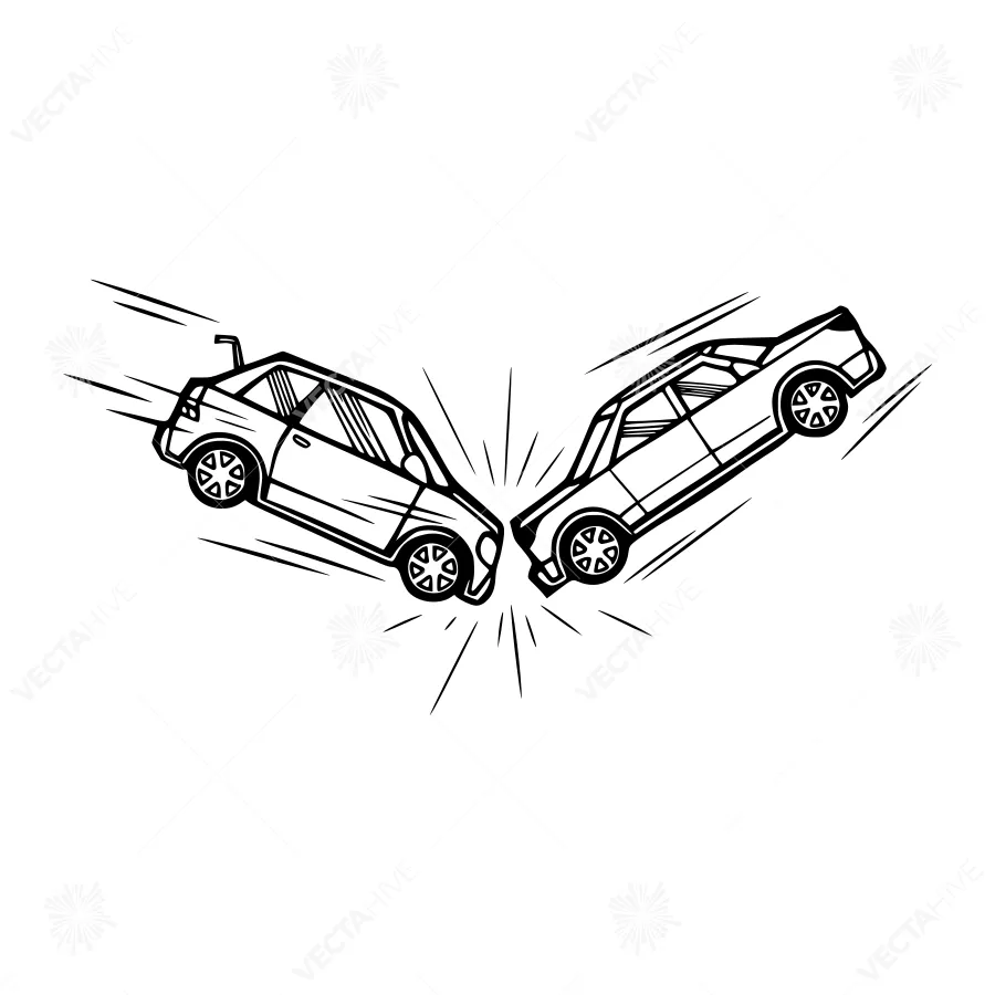 Car Crash Illustration - Black & White Line Art