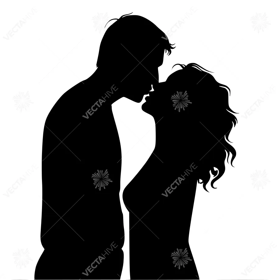 Silhouette Couple Kiss - Black & White Vector